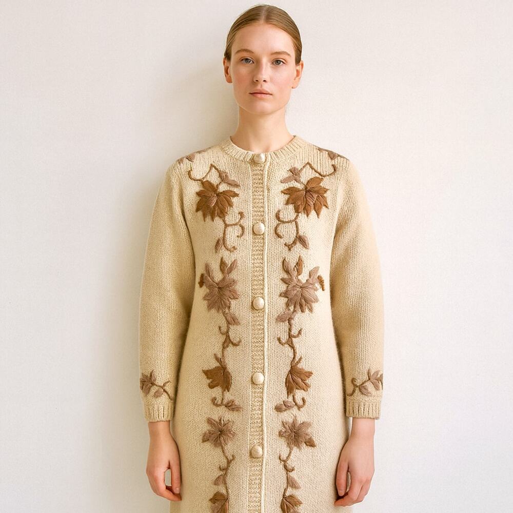 SOLD SOLD 1960s Wool Embroidered Long Cardigan Sweater Granny Boho Cottage SM - Picture 1 of 15